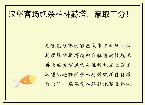 汉堡客场绝杀柏林赫塔，豪取三分！